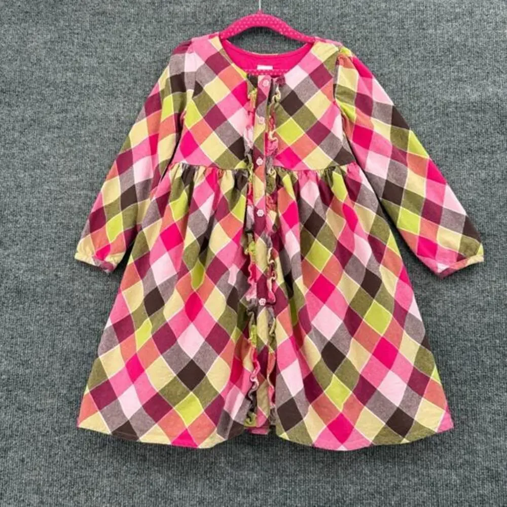 Gymboree Girls Dress Size 5 Plaid Flannel Long Sleeve Ruffled Lined 100% Cotton